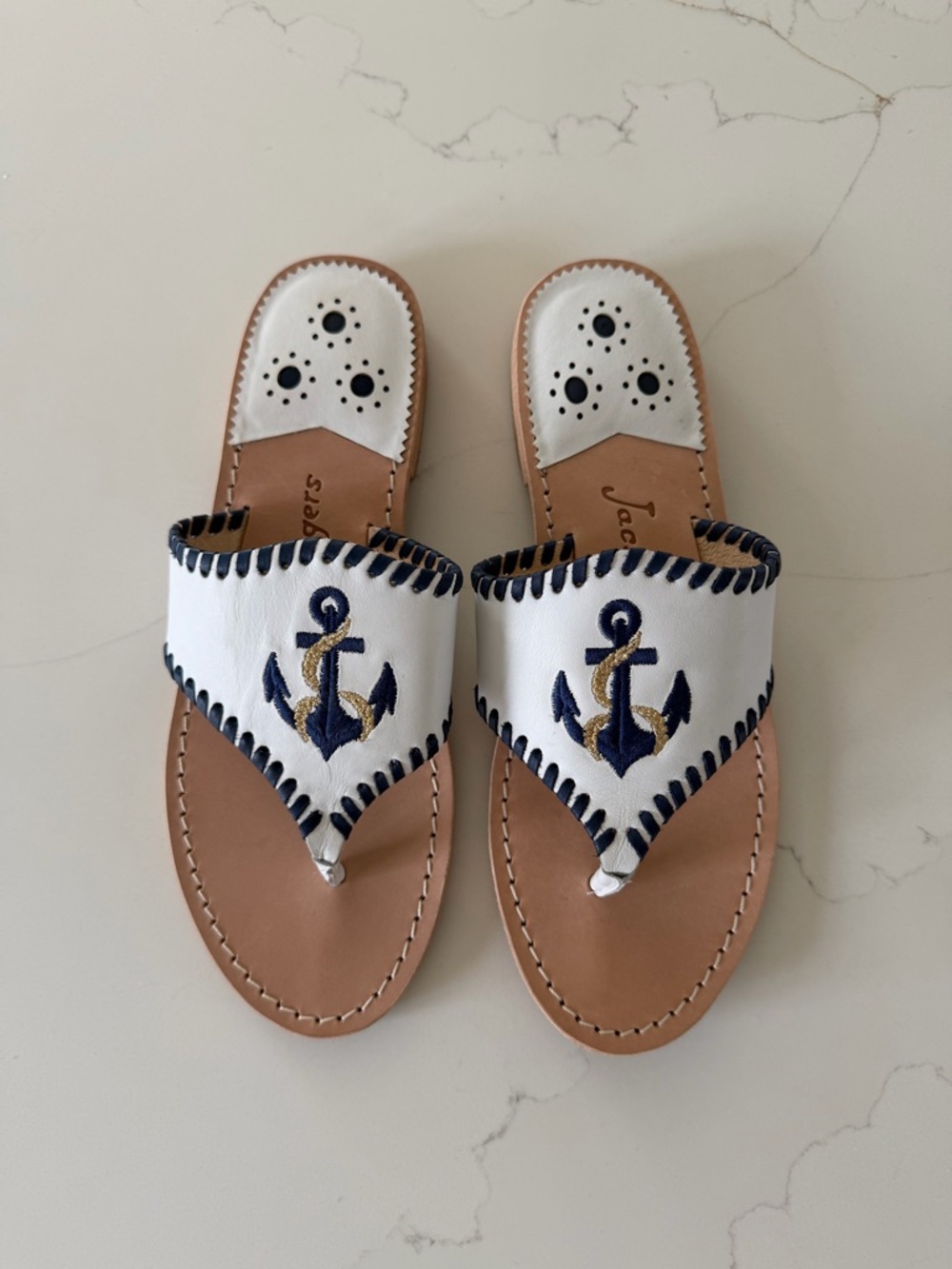 Jack Rogers White Leather Thong Sandals with Navy and Gold Anchor